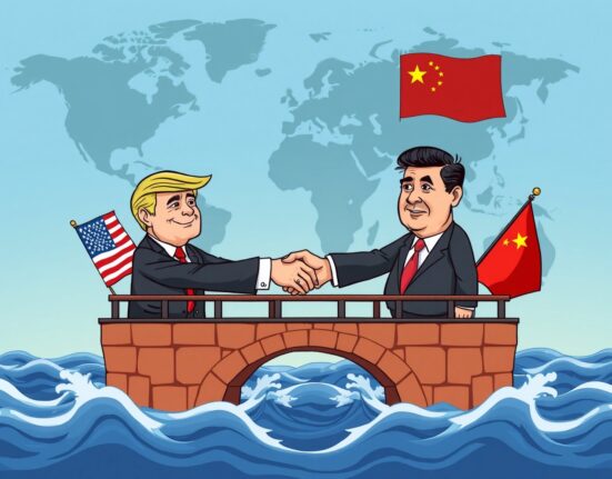 Cartoon leaders shake hands on a bridge over stormy seas, symbolizing crucial US-China relations moving forward despite challenges.
