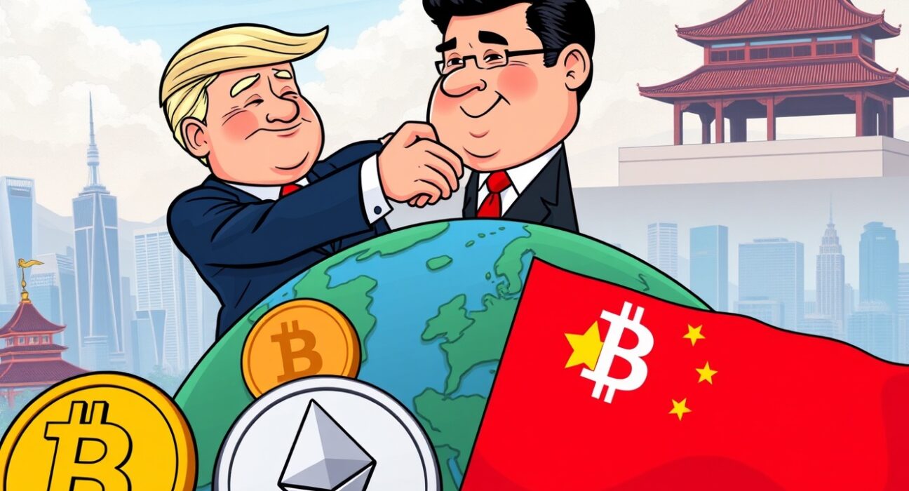 Cartoon leaders discuss, showing crucial US-China summit crypto implications on global markets.