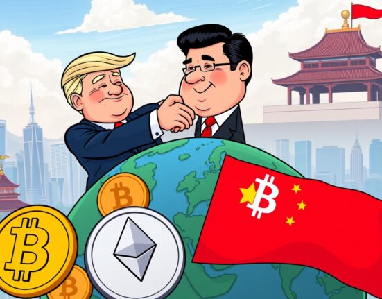 Cartoon leaders discuss, showing crucial US-China summit crypto implications on global markets.