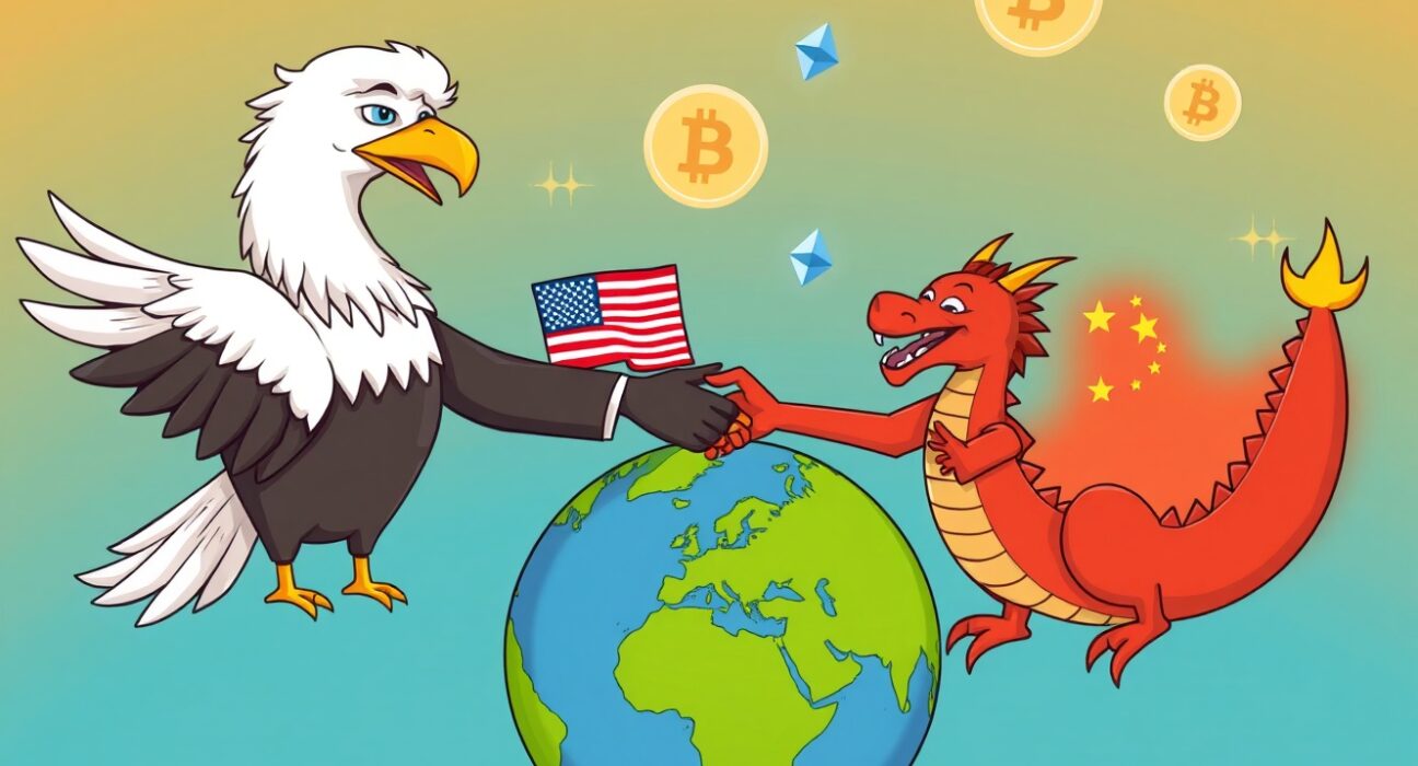 Cartoon showing US and China figures shaking hands, symbolizing a potential US-China Summit and its impact on global stability and digital assets.