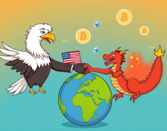 Cartoon showing US and China figures shaking hands, symbolizing a potential US-China Summit and its impact on global stability and digital assets.