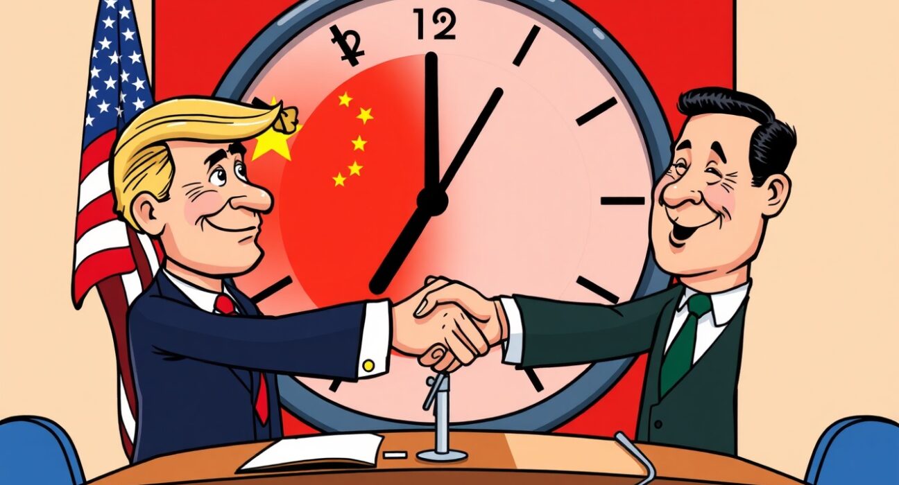 Cartoon illustration of US and China leaders extending hands, symbolizing a potential US-China tariff truce and ongoing trade negotiations.