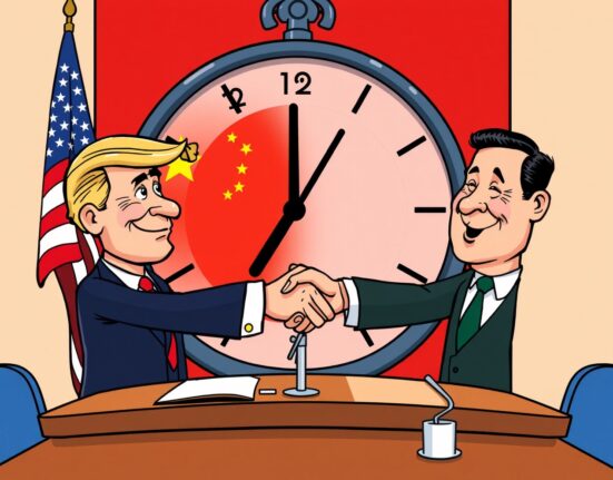 Cartoon illustration of US and China leaders extending hands, symbolizing a potential US-China tariff truce and ongoing trade negotiations.