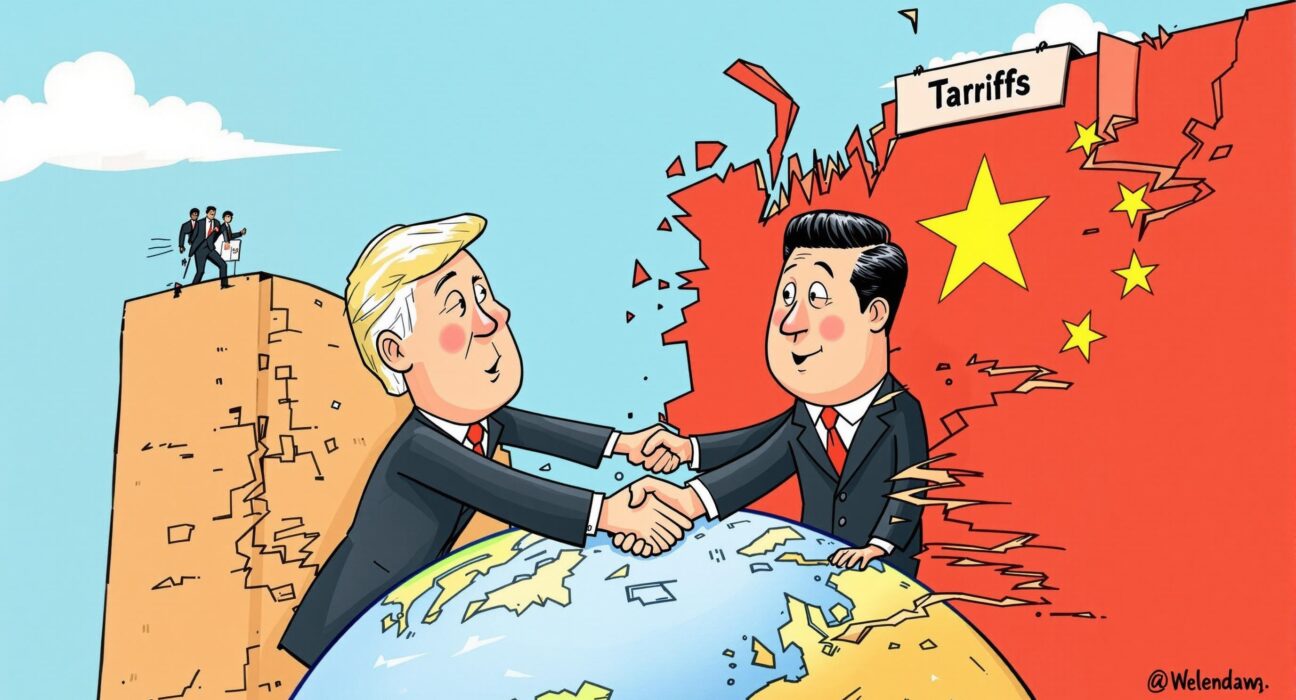 Cartoon illustration showing the potential easing of US China Tariffs through diplomatic talks between the US and China.