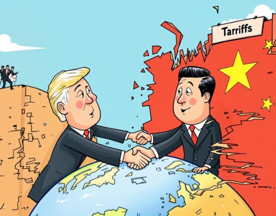 Cartoon illustration showing the potential easing of US China Tariffs through diplomatic talks between the US and China.