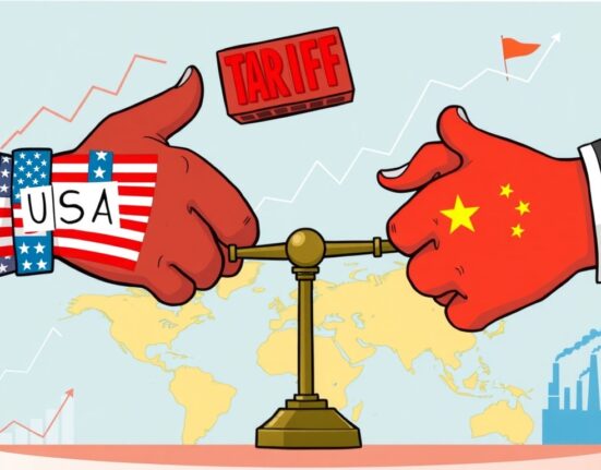 Cartoon showing US and China hands in a trade tug-of-war, symbolizing the impact of US China tariffs on global economic policy.