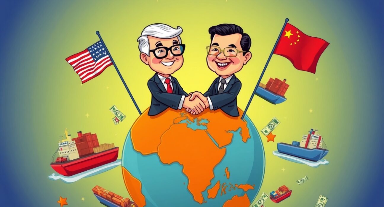 Cartoon illustration of US and China representatives shaking hands, symbolizing the upcoming US-China trade deal signing.