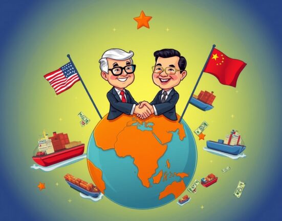 Cartoon illustration of US and China representatives shaking hands, symbolizing the upcoming US-China trade deal signing.