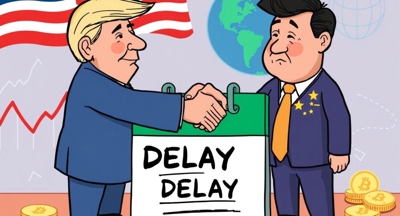 Cartoon showing US and China leaders shaking hands over a delayed sanctions list, symbolizing improved US-China trade relations and global market implications.