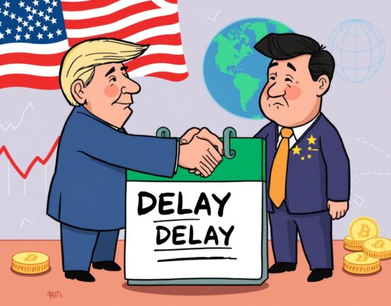 Cartoon showing US and China leaders shaking hands over a delayed sanctions list, symbolizing improved US-China trade relations and global market implications.