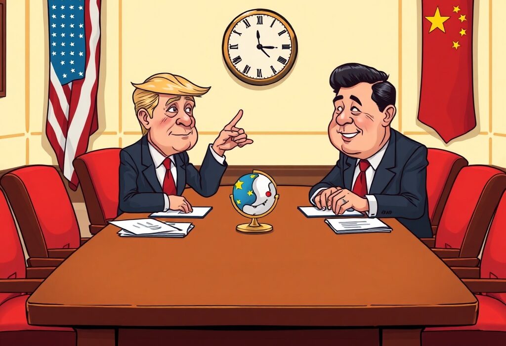 Cartoon showing US and China representatives concluding a day of US-China Trade Relations discussions, highlighting global economic impact.
