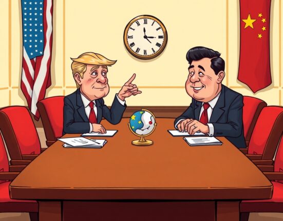 Cartoon showing US and China representatives concluding a day of US-China Trade Relations discussions, highlighting global economic impact.