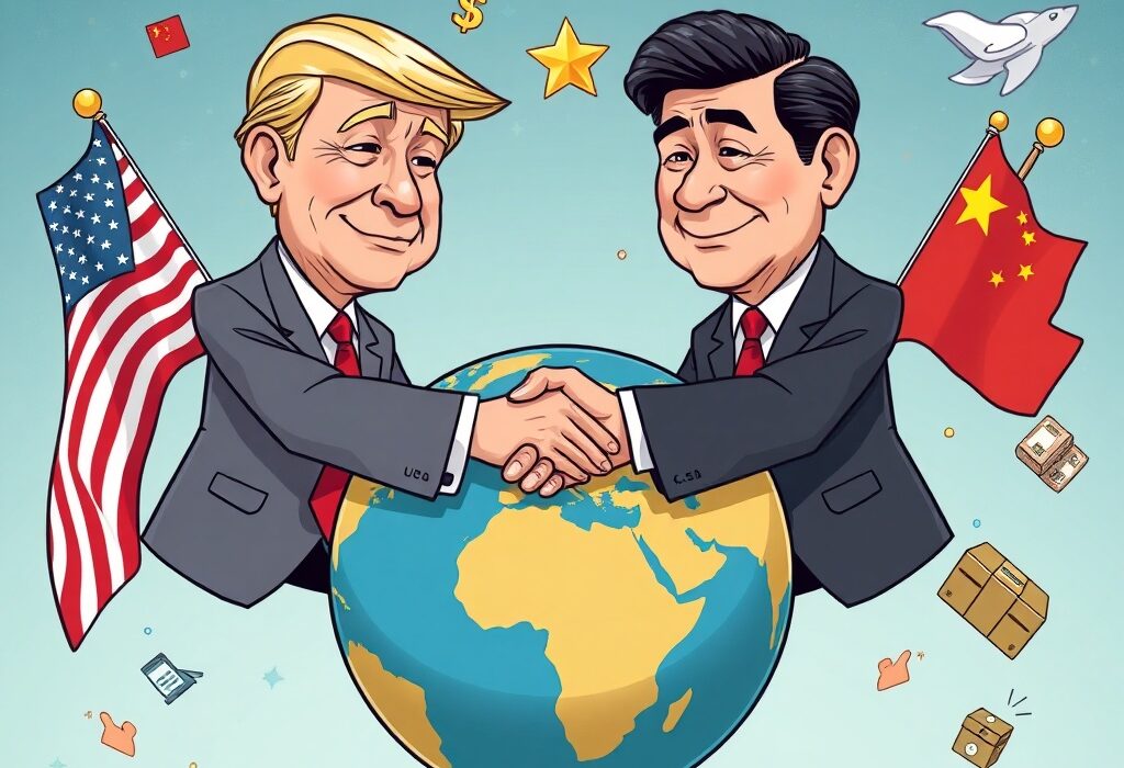 Cartoon illustration showing two national leaders shaking hands over a globe, symbolizing the conclusion of U.S.-China trade talks and their global economic implications.