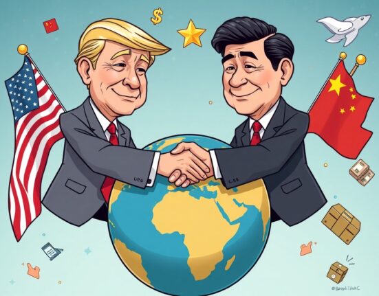 Cartoon illustration showing two national leaders shaking hands over a globe, symbolizing the conclusion of U.S.-China trade talks and their global economic implications.