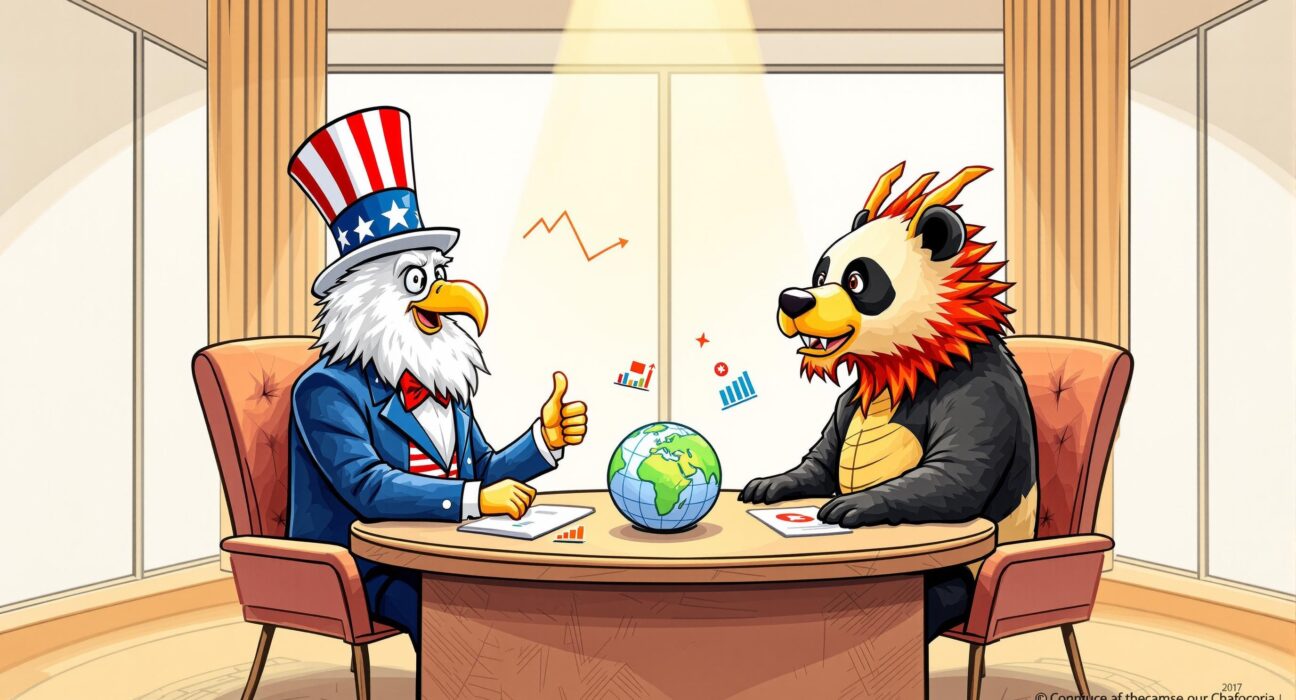 Cartoon illustration of US-China trade talks, symbolizing diplomatic efforts to resolve economic tensions.