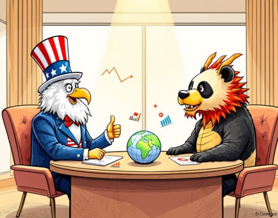 Cartoon illustration of US-China trade talks, symbolizing diplomatic efforts to resolve economic tensions.
