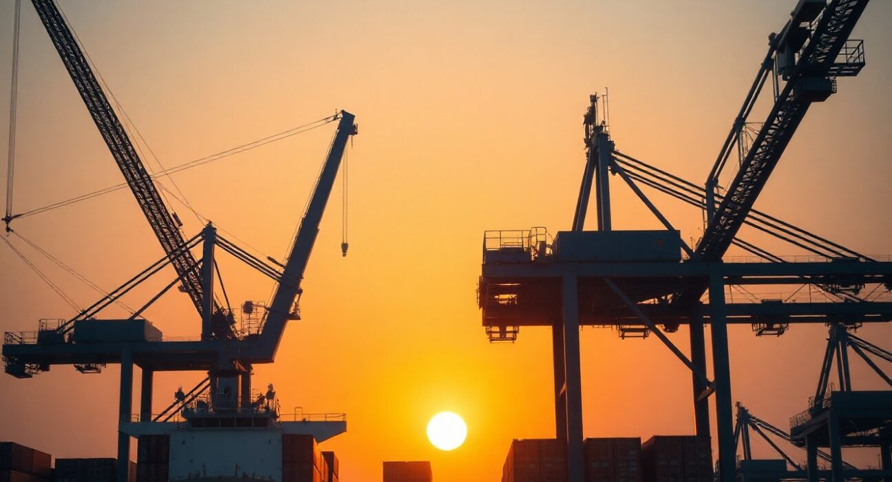 Container ship and cranes at a busy port at dusk, symbolizing US-China trade tensions.