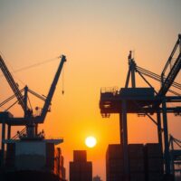 Container ship and cranes at a busy port at dusk, symbolizing US-China trade tensions.
