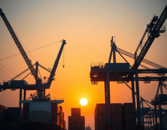 Container ship and cranes at a busy port at dusk, symbolizing US-China trade tensions.
