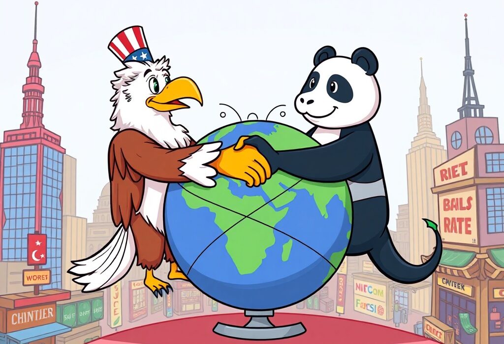 Cartoon illustration showing the US and China shaking hands, symbolizing the extended US China trade truce and its positive impact on global stability.
