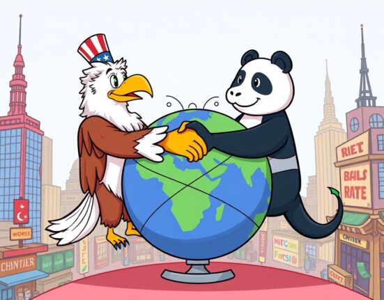 Cartoon illustration showing the US and China shaking hands, symbolizing the extended US China trade truce and its positive impact on global stability.