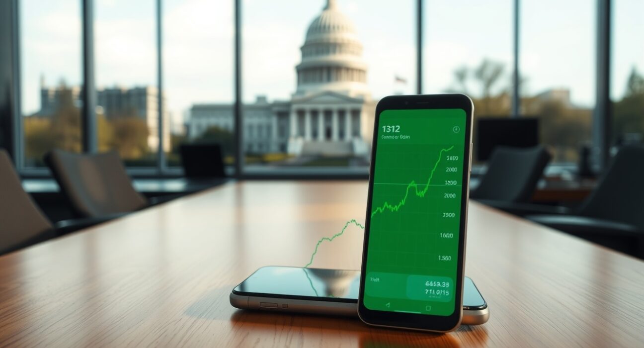 Smartphone displaying Bitcoin price chart on desk with US Capitol building blurred in background