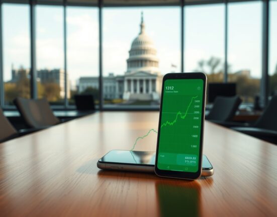 Smartphone displaying Bitcoin price chart on desk with US Capitol building blurred in background