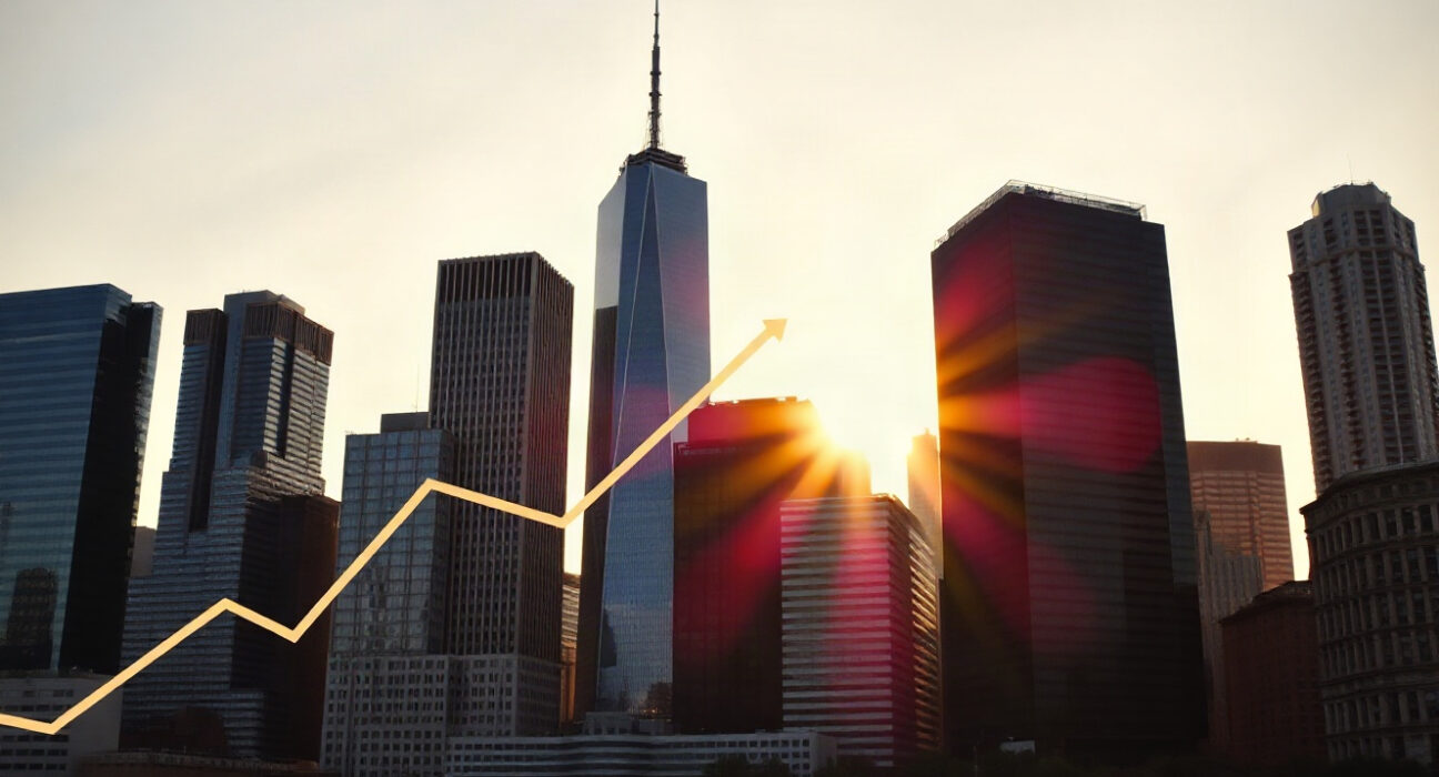 US skyline at sunrise symbolizing economic growth as Composite PMI rises to 56 in August