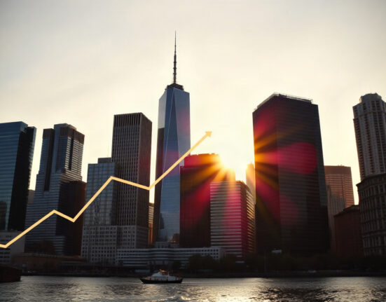 US skyline at sunrise symbolizing economic growth as Composite PMI rises to 56 in August