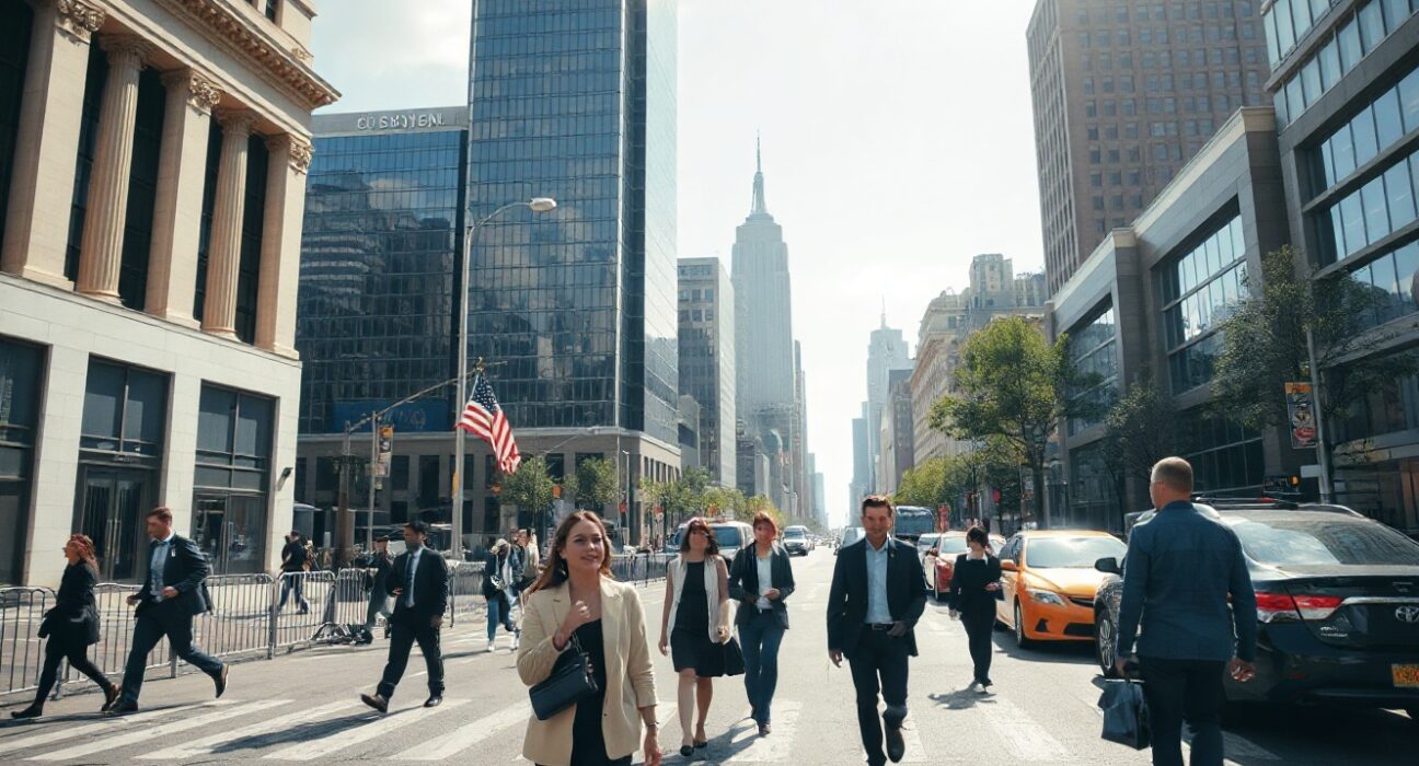Business professionals walking in a modern US city center, symbolizing economic activity
