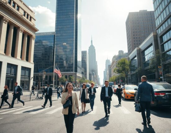 Business professionals walking in a modern US city center, symbolizing economic activity
