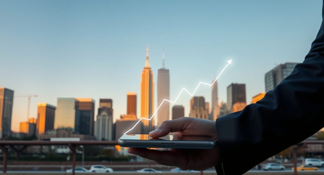 US city skyline at dawn with smartphone showing rising PMI trend