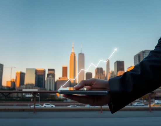 US city skyline at dawn with smartphone showing rising PMI trend