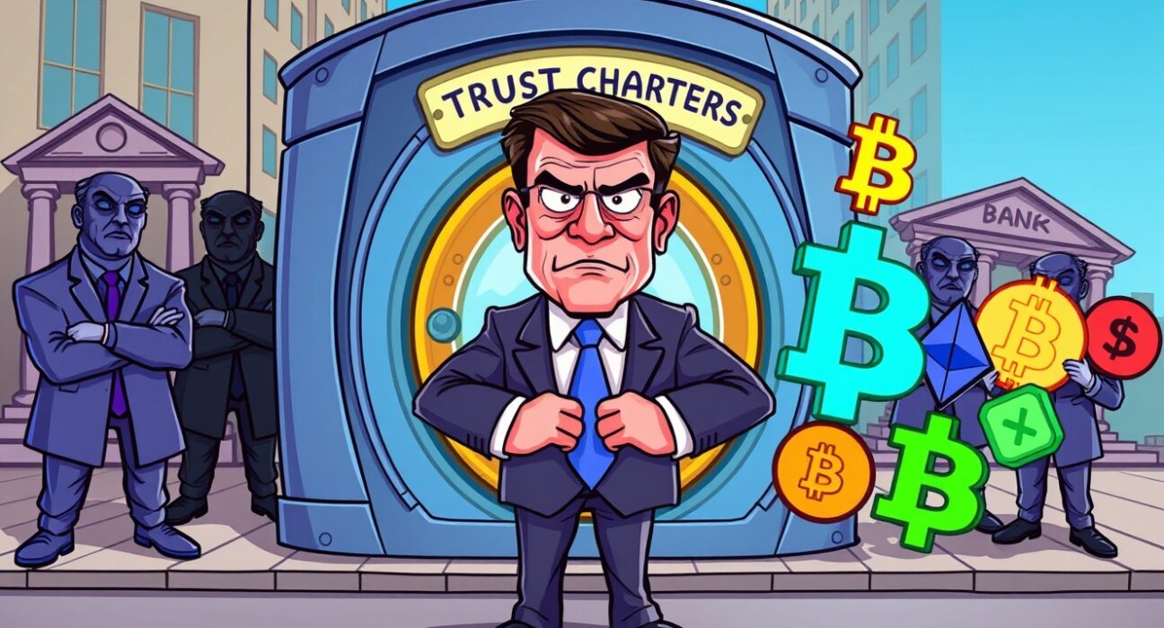A cartoon official protecting crypto trust charters from obstructive traditional banks.
