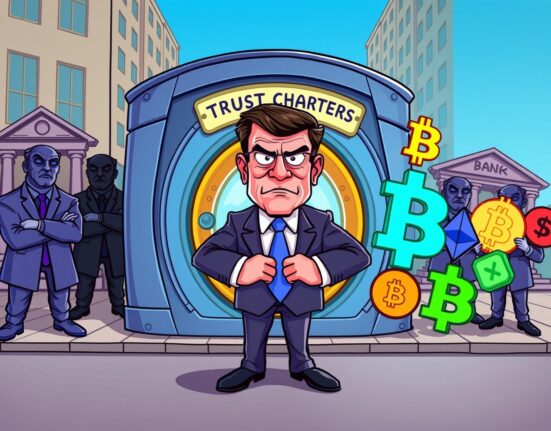 A cartoon official protecting crypto trust charters from obstructive traditional banks.