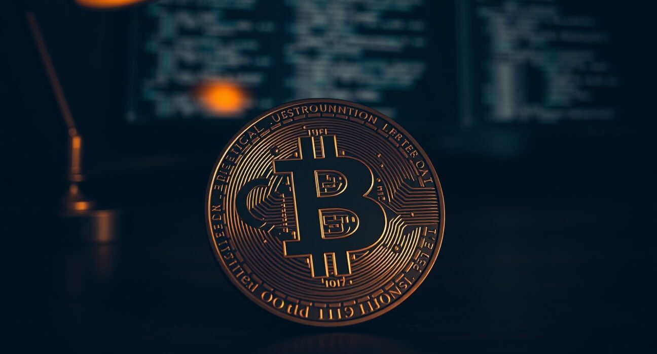 Bitcoin coin with U.S. Constitution text inscription on a desk with a computer monitor in background