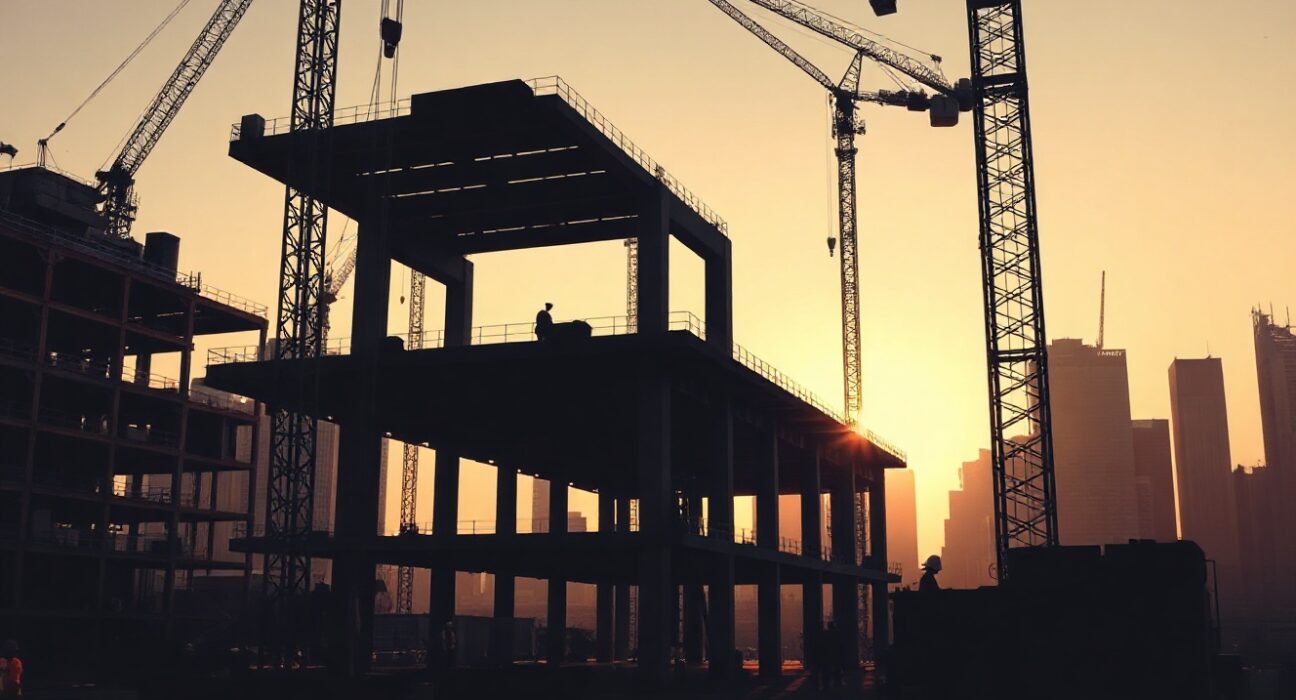 Construction workers on a steel framework site in a US city, with cranes in background