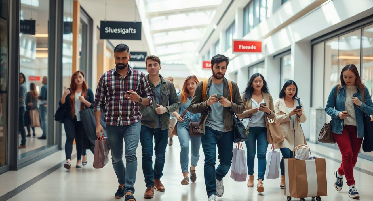 Shoppers walking through a mall, reflecting consumer sentiment in August