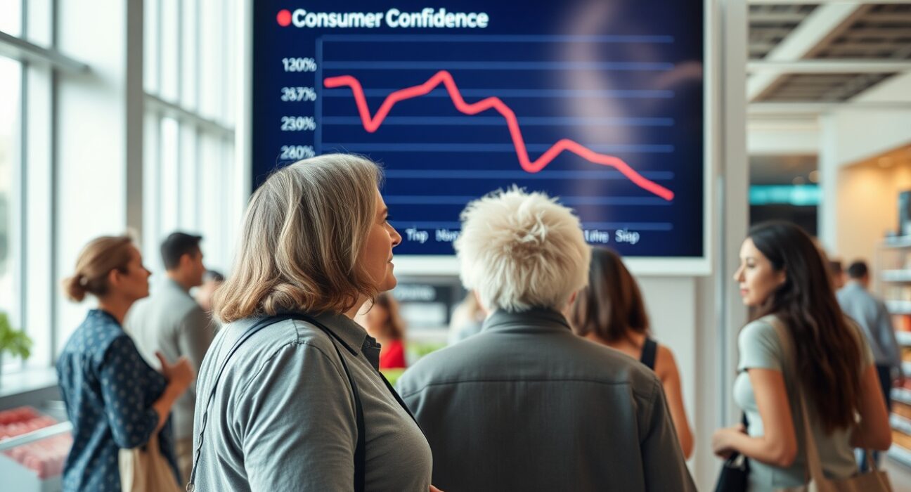 Shoppers looking at a digital display showing a declining Consumer Confidence chart in a mall, July 2024.