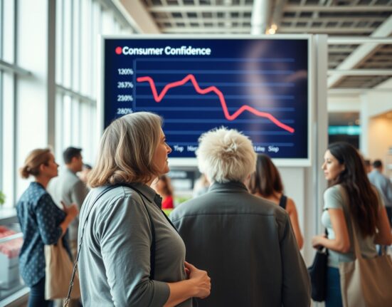 Shoppers looking at a digital display showing a declining Consumer Confidence chart in a mall, July 2024.