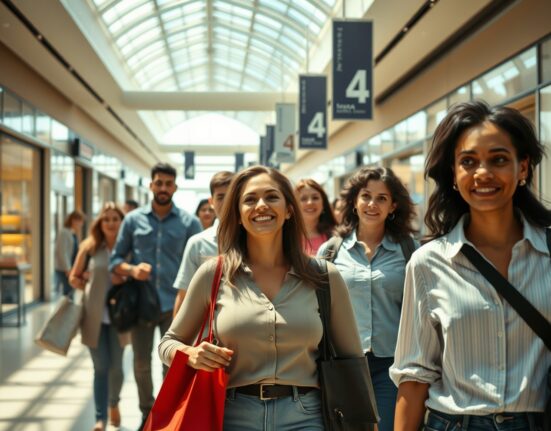 Shoppers in a bright American mall reflecting improved consumer confidence in June.