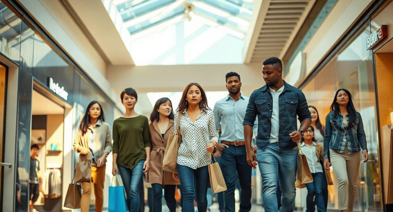 Shoppers walking in a US mall reflecting consumer confidence in May 2025