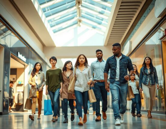 Shoppers walking in a US mall reflecting consumer confidence in May 2025