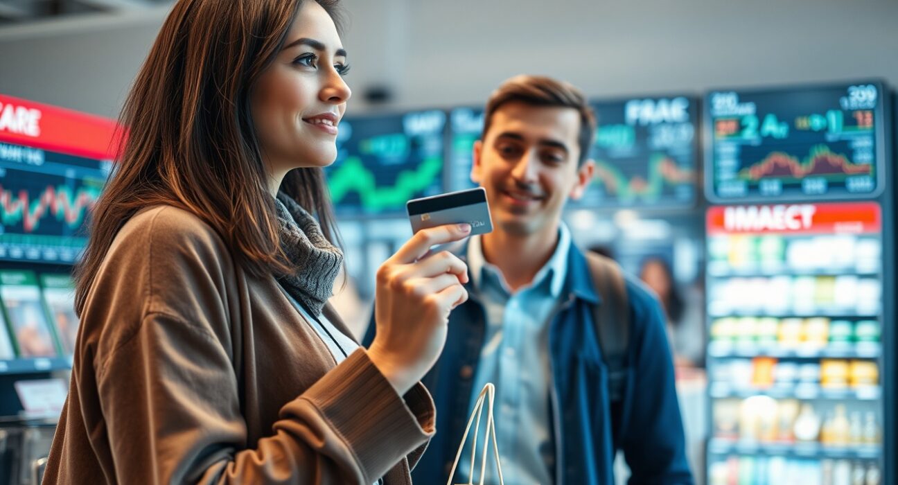 Shopper using credit card at checkout, representing June's consumer credit increase.