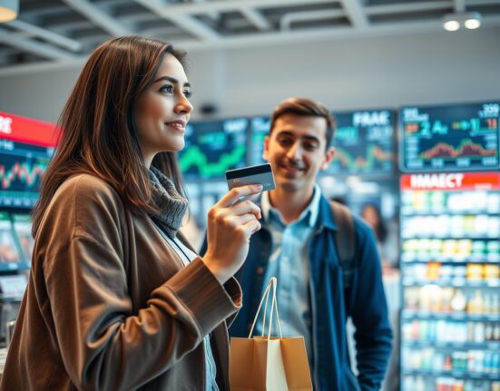 Shopper using credit card at checkout, representing June's consumer credit increase.