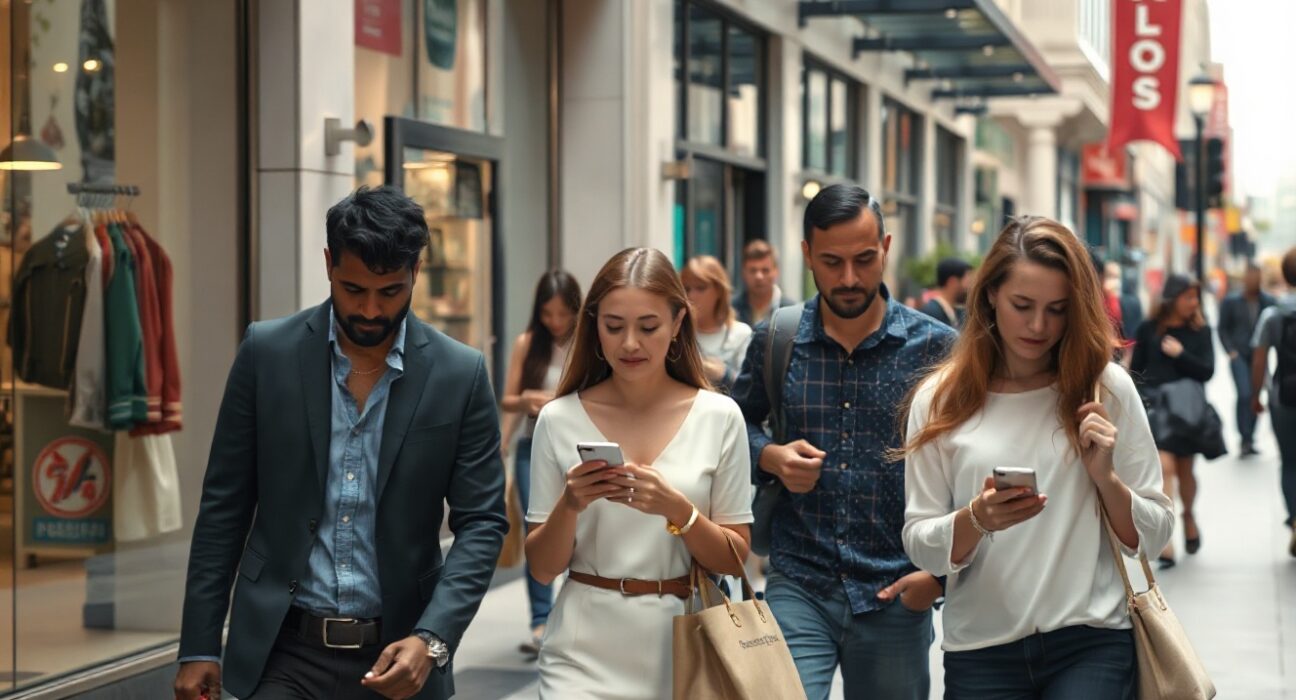 Shoppers walking in an urban shopping area, reflecting cautious consumer sentiment