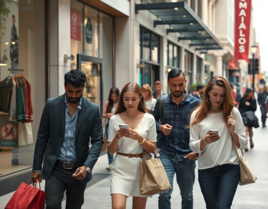Shoppers walking in an urban shopping area, reflecting cautious consumer sentiment
