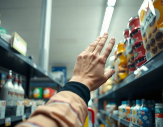 Shopper checking prices at a grocery store, illustrating US consumer inflation expectations.