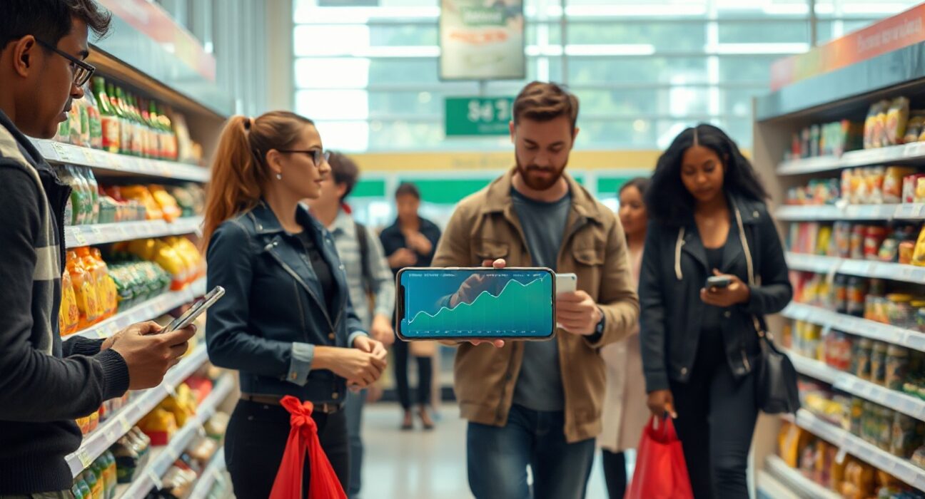 Shoppers in a grocery store with price tags and a smartphone showing an inflation trend graph