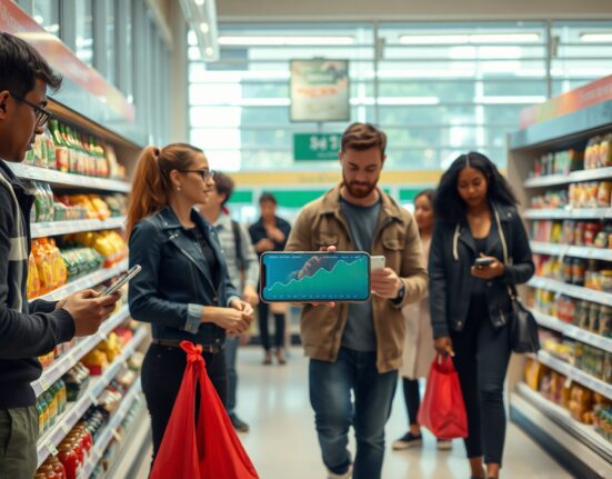 Shoppers in a grocery store with price tags and a smartphone showing an inflation trend graph